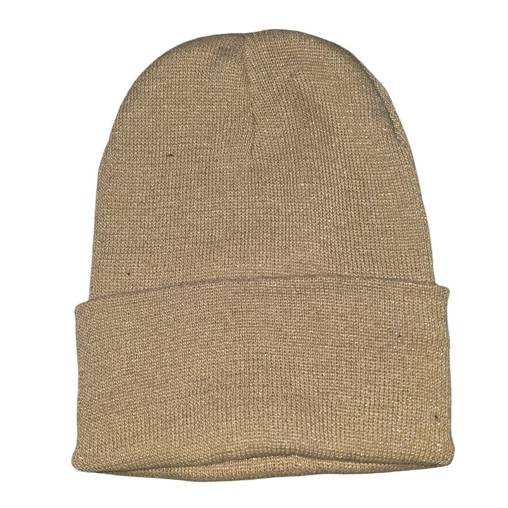 Gold Metallic Knit Beanie Sparkle Cuffed Watch Cap Winter Hat Women Gold
